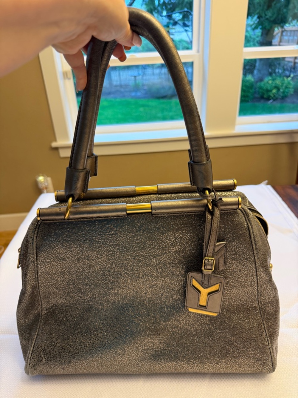 Yves Saint Laurent Black Leather Satchel with Gold Hardware